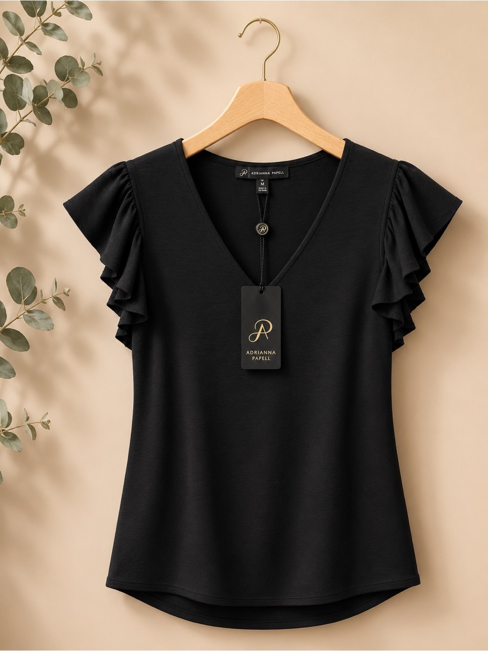 Adrianna Papell Black V-Neck Ruffle Sleeve Top